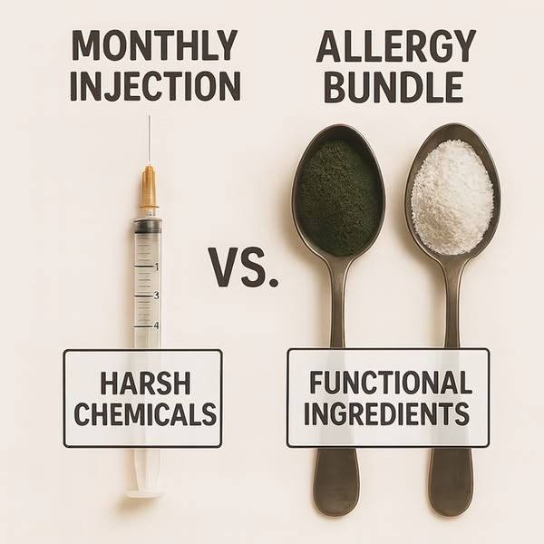 A minimalist, square format visual comparison showing a medical injection versus an allergy supplement bundle.